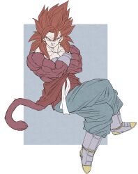 Rule 34 | 1boy, biceps, blue eyes, body fur, closed mouth, crossed arms, crossed legs, dougi, dragon ball, dragon ball gt, earrings, fusion, gamma no 3, gloves, highres, jewelry, looking at viewer, male focus, monkey boy, monkey tail, muscular, muscular male, no nipples, pants, pectorals, potara earrings, red fur, red hair, saiyan, sash, sitting, smirk, solo, spiked hair, super saiyan, super saiyan 4, tail, vegetto