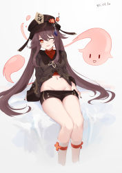 Rule 34 | 1girl, ;p, absurdres, arm support, bed sheet, black hat, black nails, black shorts, breasts, brown hair, chinese commentary, closed mouth, clothes pull, commentary request, cropped legs, dated, ejieaa, flower, flower-shaped pupils, genshin impact, ghost, groin, hair between eyes, hat, hat flower, highres, hu tao (genshin impact), jewelry, kneehighs, leaning back, long hair, long sleeves, looking at viewer, nail polish, navel, one eye closed, red eyes, red flower, ring, short shorts, shorts, shorts pull, sidelocks, simple background, sitting, small breasts, smile, socks, solo, stomach, symbol-shaped pupils, tassel, thighs, tongue, tongue out, twintails, very long hair, white background, white socks
