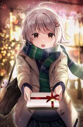 Rule 34 | 1girl, :o, absurdres, ahoge, bag, black skirt, black sweater, blurry, blurry background, blush, box, brown eyes, brown hair, brown jacket, depth of field, derori, fringe trim, gift, gift box, green scarf, hair ornament, hairclip, highres, holding, holding gift, jacket, long sleeves, looking at viewer, open clothes, open jacket, open mouth, original, outstretched arms, pleated skirt, scarf, skirt, solo, sweater, teeth, upper teeth only, x hair ornament