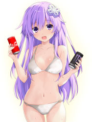 Rule 34 | 1girl, bare shoulders, bikini, blush, breasts, can, cleavage, coca-cola, collarbone, d-pad, d-pad hair ornament, drink, hair ornament, happy, iwashi dorobou -r-, long hair, looking at viewer, medium breasts, monster energy, navel, nepgear, neptune (series), open mouth, purple eyes, purple hair, smile, stomach, swimsuit, thighs, wet