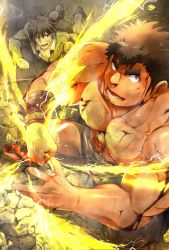 Rule 34 | 2boys, abs, aura, bara, battle, blood, brown hair, chest hair, commission, dark-skinned male, dark skin, facial hair, fighting stance, from above, goatee, highres, takabushi kengo, kontahsm, large pectorals, long sideburns, lying, male focus, protagonist 4 (housamo), multiple boys, muscular, muscular male, nipples, on stomach, pectorals, serious, short hair, sideburns, skeb commission, stubble, thick eyebrows, tokyo houkago summoners, topless male