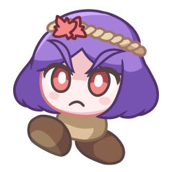 Rule 34 | &gt;:(, 1girl, angry, aroevela, autumn leaves, blush stickers, bob cut, commentary, frown, goomba, hair ornament, leaf hair ornament, mario (series), monsterification, nintendo, parted bangs, purple hair, red eyes, rope, short hair, simple background, touhou, v-shaped eyebrows, walking, white background, yasaka kanako