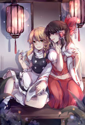 Rule 34 | 2girls, :d, alcohol, apron, bare shoulders, black hair, blonde hair, blush, bow, braid, breasts, cup, detached sleeves, drinking, drunk, groin, hair bow, hair tubes, hakurei reimu, hand on another&#039;s chin, hand on another&#039;s thigh, hands on another&#039;s face, highres, kayu (553917372), kirisame marisa, lantern, long hair, looking at another, mary janes, multiple girls, navel, no headwear, no headwear, open mouth, puffy sleeves, red eyes, ribbon-trimmed sleeves, ribbon trim, sakazuki, sake, shoes, side braid, sideboob, single braid, sitting, skirt, skirt set, small breasts, smile, socks, sweat, touching another&#039;s chin, touhou, waist apron, yellow eyes, yuri