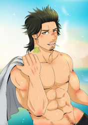 Rule 34 | 1boy, abs, absurdres, bara, black clover, black hair, blush, facial hair, goatee, highres, holding, holding clothes, holding shirt, kir (kir keropi), large pectorals, long sideburns, looking at viewer, male focus, mature male, muscular, muscular male, navel, navel hair, nipples, pectorals, shirt, short hair, sideburns, smile, solo, spiked hair, stomach, topless male, yami sukehiro