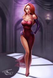 Rule 34 | artist request, dress, elbow gloves, eyeshadow, gloves, green eyes, hair over one eye, hands on own hips, jessica rabbit, lipstick, long hair, makeup, red hair, sequins, side slit, stage, who framed roger rabbit
