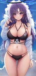 Rule 34 | 1girl, alternate costume, alternate hairstyle, bikini, black bikini, blue archive, blush, breasts, closed mouth, cloud, collarbone, commentary, doyoon 7, halo, highres, large breasts, long sleeves, looking at viewer, navel, open clothes, open shirt, outdoors, purple eyes, purple hair, shirt, sky, solo, standing, stomach, swimsuit, white shirt, yuuka (blue archive)