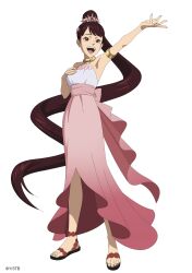 Rule 34 | 1girl, armlet, armpits, bare shoulders, black clover, black clover m: rise of the wizard king, brown eyes, brown hair, full body, gold armlet, high ponytail, highres, kahono, long hair, long skirt, official alternate costume, official art, open mouth, pink skirt, ponytail, sandals, shell hair ornament, shirt, simple background, skirt, sleeveless, sleeveless shirt, solo, teeth, upper teeth only, very long hair, white background, white shirt