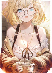 Rule 34 | 1girl, absurdres, betabeet, blonde hair, blue eyes, blunt bangs, breasts, cleavage, collarbone, cup, glasses, hair ornament, highres, holding, holding cup, hololive, hololive english, jewelry, key, key necklace, large breasts, looking at viewer, nail polish, necklace, open mouth, round eyewear, short hair, smile, solo, virtual youtuber, watson amelia, watson amelia (street casual), yellow nails