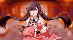 Rule 34 | 1girl, beizhi, black hair, brown hair, detached sleeves, doll, dress, hair ornament, hairclip, highres, holding, holding doll, leaf hair ornament, long hair, long sleeves, looking at viewer, open mouth, pulao (punishing: gray raven), punishing: gray raven, red dress, red eyes, red sleeves, solo, stuffed animal, stuffed panda, stuffed toy, twintails, very long hair