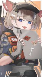 Rule 34 | 1girl, ahoge, almond (arknights), animal ears, arknights, blue eyes, blue shirt, bone hair ornament, border, clipboard, commentary, dog ears, dog girl, dog tail, fingerless gloves, gloves, gradient background, grey gloves, hair ornament, hairclip, highres, holding, holding clipboard, kimo suna, light brown hair, looking at viewer, open mouth, orange background, pouch, shirt, short hair, simple background, smile, solo, sticker, tail, upper body, vest, visor cap