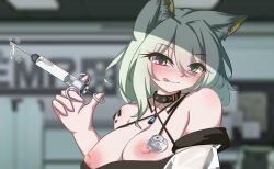 Rule 34 | 1girl, :q, absurdres, animal ear fluff, animal ears, arknights, blurry, blurry background, blush, breasts, breasts out, cat ears, cat girl, criss-cross halter, cum in syringe, dior-zi, dress, green eyes, green hair, hair between eyes, halterneck, hand up, highres, holding, holding syringe, indoors, kal&#039;tsit (arknights), large breasts, licking lips, looking at viewer, material growth, medium hair, nipples, off-shoulder dress, off shoulder, oripathy lesion (arknights), parted lips, portrait, solo, syringe, tongue, tongue out