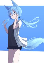 Rule 34 | 1girl, animal ears, black-framed eyewear, black shirt, black shorts, blue background, blue eyes, blue hair, bottle, breasts, commentary request, floating hair, fox ears, fox girl, haigoma, hair between eyes, hands up, highres, holding, holding bottle, jacket, long hair, looking at viewer, low ponytail, open clothes, open jacket, original, parted lips, ponytail, semi-rimless eyewear, shirt, short shorts, short sleeves, shorts, small breasts, solo, two-tone background, under-rim eyewear, very long hair, water, water bottle, white background, white jacket