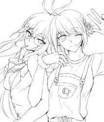 Rule 34 | 2girls, ahoge, alternate costume, alternate hairstyle, antenna hair, arm up, belt, commentary request, cup, danganronpa (series), danganronpa another episode: ultra despair girls, disposable cup, drinking straw, flower, fukawa toko, glasses, greyscale, hair flower, hair ornament, hairclip, hand up, highres, long hair, long sleeves, looking at viewer, megaphone, mole, mole under mouth, monochrome, multiple girls, naegi komaru, one eye closed, overalls, round eyewear, scrunchie, short hair, short sleeves, simple background, smile, upper body, white background, wrist scrunchie, xuni guodu (calrxaqp)