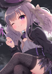 Rule 34 | 1girl, ;), black hat, black skirt, chitosezaka suzu, cloud, commentary request, crossed legs, feet out of frame, frilled hat, frills, grey hair, grey shirt, hat, highres, holding, long hair, long sleeves, night, one eye closed, original, outdoors, print thighhighs, puffy long sleeves, puffy sleeves, purple eyes, shirt, shrug (clothing), sitting, skirt, smile, solo, sparkle, spider web print, thighhighs, twintails, witch hat