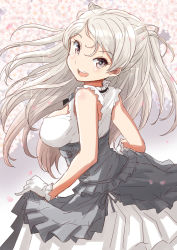 Rule 34 | 1girl, breasts, conte di cavour (kancolle), conte di cavour nuovo (kancolle), dress, frilled dress, frills, fuji (pixiv24804665), gloves, grey dress, grey eyes, highres, kantai collection, large breasts, layered dress, long hair, looking at viewer, looking back, silver hair, sleeveless, sleeveless dress, smile, solo, two-tone dress, two side up, white dress, white gloves