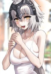 Rule 34 | bad id, bad twitter id, biting, blurry, blurry background, breasts, cigarette, cleavage, commentary request, fate/grand order, fate (series), headpiece, highres, jeanne d&#039;arc (fate), jeanne d&#039;arc alter (avenger) (fate), jeanne d&#039;arc alter (fate), large breasts, lighting cigarette, long hair, looking at viewer, open mouth, silver hair, smoking, solo, standing, suou-sensei, tank top, upper body, yellow eyes