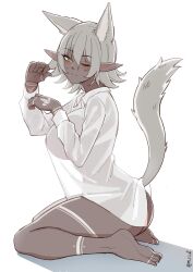 Rule 34 | 1girl, absurdres, animal ears, arm tattoo, ass, barefoot, blush, breasts, cat ears, cat tail, closed mouth, commentary, dark-skinned female, dark elf, dark skin, elf, english commentary, extra ears, green eyes, grey hair, hair between eyes, highres, large breasts, long sleeves, looking at viewer, mawaridi, naked shirt, one eye closed, original, pointy ears, shadow, shirt, short hair, simple background, smile, solo, tail, tattoo, toes, twitter username, white background, white shirt, yvonne (mawaridi)