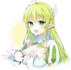 Rule 34 | 1girl, :d, ahoge, bad id, bad pixiv id, blush, breasts, creature, crystal, elf, elsword, eyebrows, fringe trim, gloves, grand archer (elsword), green eyes, green hair, hair between eyes, head wings, heart, jewelry, large breasts, long hair, looking at another, open mouth, pinb, pointy ears, puffy short sleeves, puffy sleeves, rena erindel, short sleeves, smile, upper body, white background, white gloves, white wings, wings