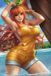 Rule 34 | 1girl, armpits, artist name, bikini, bikini under clothes, blurry, blurry background, bracelet, breasts, brown eyes, commentary, contrapposto, cowboy shot, day, depth of field, english commentary, green hairband, hairband, jewelry, large breasts, long hair, looking at viewer, nami (one piece), neoartcore, ocean, one piece, one piece: stampede, orange hair, outdoors, overalls, pink lips, ship, sideboob, sidelocks, smile, solo, striped clothes, striped hairband, swimsuit, very long hair, wading, water, watercraft, watermark, white bikini