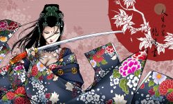 Rule 34 | 1girl, antaria, black hair, breasts, character request, cleavage, female focus, flower, japanese clothes, katana, pili budaixi, signature, solo, sword, weapon