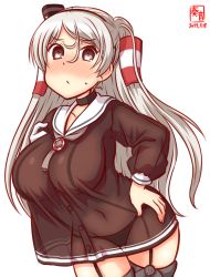 Rule 34 | 1girl, amatsukaze (kancolle), amatsukaze (kancolle) (cosplay), artist logo, black panties, breasts, brown dress, brown eyes, commentary request, conte di cavour (kancolle), cosplay, cowboy shot, dated, dress, garter straps, gloves, grey neckerchief, hair tubes, hat, kanon (kurogane knights), kantai collection, large breasts, lifebuoy ornament, long hair, long sleeves, look-alike, looking at viewer, mini hat, neckerchief, one-hour drawing challenge, panties, sailor dress, see-through, short dress, silver hair, simple background, single glove, smokestack hair ornament, solo, thighhighs, two side up, underwear, white background