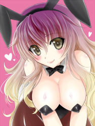 Rule 34 | 1girl, alternate costume, animal ears, bare shoulders, blush stickers, bow, bowing, bowtie, breast hold, breasts, rabbit ears, rabbit tail, cleavage, curvy, detached collar, gradient hair, hair between eyes, heart, hijiri byakuren, large breasts, light smile, long hair, looking at viewer, multicolored hair, nipples, pantyhose, playboy bunny, purple hair, setsuna rio, smile, solo, tail, touhou, yellow eyes