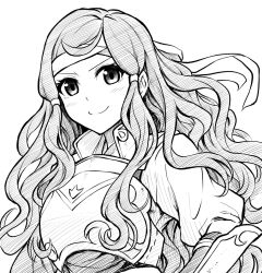 Rule 34 | 1girl, armor, breastplate, closed mouth, fire emblem, fire emblem fates, hana (fire emblem), headband, long hair, looking at viewer, monochrome, nintendo, simple background, smile, solo, ten (tenchan man), upper body, white background