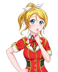 Rule 34 | 1girl, :o, absurdres, artist request, ayase eli, blonde hair, blue eyes, blush, bokura no live kimi to no life, bow, bowtie, breasts, buttons, collared shirt, dress, female focus, hair between eyes, hair bow, hair ribbon, hand on own hip, highres, long hair, looking at viewer, love live!, love live! school idol project, medium breasts, mikan 445, neck ribbon, neckwear request, parted lips, ponytail, red dress, red neckwear, red shirt, ribbon, shirt, short hair, short sleeves, smile, solo, white bow, white ribbon