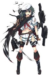 Rule 34 | 10s, 1girl, aiguillette, ammunition belt, boots, breasts, cape, full body, gloves, green hair, heterochromia, holster, kantai collection, katana, kiso (kancolle), kiso kai ni (kancolle), navel, no eyepatch, non-web source, official art, open mouth, personification, pleated skirt, school uniform, serafuku, short hair, skirt, small breasts, smoke, solo, sword, torn clothes, torpedo, transparent background, ugume, weapon