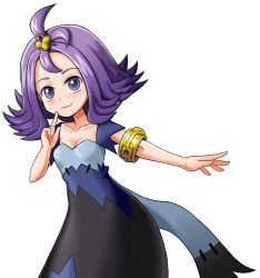 Rule 34 | 1girl, :3, acerola (pokemon), ahoge, armlet, blue eyes, blush, breasts, cleavage, closed mouth, collarbone, creatures (company), dress, female focus, game freak, hair ornament, hand up, looking at viewer, multicolored clothes, multicolored dress, multicolored eyes, nintendo, outstretched arm, pokemon, pokemon sm, purple eyes, purple hair, short hair, short sleeves, shougun (chuckni1), simple background, small breasts, smile, solo, standing, trial captain, white background