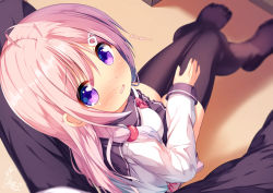 Rule 34 | 1boy, 1girl, ahoge, black pants, black sailor collar, black skirt, black thighhighs, blurry, blurry background, blush, breasts, chinomaron, commentary request, depth of field, foreshortening, hair between eyes, hair ornament, hair over shoulder, long hair, long sleeves, looking at viewer, looking back, looking up, no shoes, nose blush, original, pants, parted lips, pink hair, pleated skirt, pov, purple eyes, sailor collar, school uniform, serafuku, shirt, sitting, skirt, sleeves past wrists, small breasts, solo focus, thighhighs, wavy mouth, white shirt