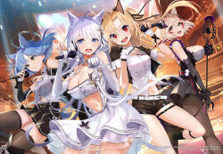 Rule 34 | 4girls, :d, :o, animal ears, azur lane, bare shoulders, black gloves, black shorts, black skirt, blonde hair, blue eyes, blue hair, breasts, cat ears, cleavage, cleveland (azur lane), cleveland (muse) (azur lane), commentary request, concert, copyright notice, dress, elbow gloves, fake animal ears, fingerless gloves, gascogne (azur lane), gascogne (muse) (azur lane), gloves, hair between eyes, hands up, holding, holding microphone, idol, illustrious (azur lane), illustrious (muse) (azur lane), large breasts, long hair, looking at viewer, mappaninatta, medium breasts, microphone, midriff, multiple girls, navel, official alternate costume, official art, open mouth, parted lips, paw pose, red eyes, roon (azur lane), roon (muse) (azur lane), shorts, sidelocks, skirt, smile, standing, standing on one leg, thighhighs, white dress, white gloves, white hair, yellow eyes, zettai ryouiki