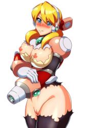 Rule 34 | 1girl, absurdres, alia (mega man), android, arm cannon, armor, black bodysuit, blonde hair, blue eyes, bodysuit, breasts, cleavage, cleft of venus, cowboy shot, damaged, functionally nude, gloves, hair between eyes, hair over shoulder, headphones, highres, kotatuman dash, large breasts, long hair, looking at viewer, mega man (series), mega man x (series), pink armor, pussy, robot ears, sidelocks, simple background, solo, standing, tearing up, topless, torn clothes, weapon, white background, white gloves