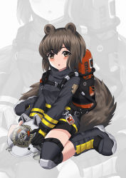Rule 34 | 1girl, animal ears, animal ears helmet, arknights, axe, black gloves, boots, brown eyes, brown hair, commentary request, fire axe, fire helmet, firefighter, firefighter jacket, gloves, unworn headwear, helmet, unworn helmet, highres, jacket, knee pads, large tail, open mouth, oxygen tank, persocon93, shaw (arknights), short hair, shorts, solo, squirrel girl, squirrel tail, tail, zoom layer