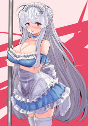 Rule 34 | 1girl, absurdres, ahoge, apron, azur lane, blue bow, blue dress, blush, bow, breasts, cleavage, cygnet (an offer to be maid) (azur lane), cygnet (azur lane), detached sleeves, double bun, dress, earrings, frilled dress, frills, garter straps, hair bow, hair bun, hey taisyou, highres, holding, jewelry, large breasts, long hair, looking at viewer, maid headdress, official alternate costume, parted lips, pink eyes, simple background, solo, thighhighs, very long hair, waist apron, white apron, white thighhighs, wrist cuffs