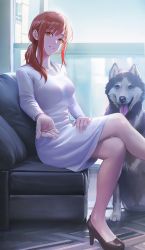 Rule 34 | 1girl, absurdres, animal, black footwear, bra visible through clothes, breasts, chainsaw man, collarbone, crossed legs, dog, dress, from side, full body, hair between eyes, hand on thigh, head tilt, high heels, highres, indoors, leesuyeon, long hair, long sleeves, looking at viewer, makima (chainsaw man), no socks, outstretched arm, outstretched hand, parted lips, ponytail, reaching, reaching towards viewer, red hair, ringed eyes, sidelocks, sitting, smile, solo, tongue, tongue out, white dress, window, yellow eyes
