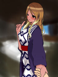Rule 34 | 1boy, 1girl, bath yukata, blonde hair, blurry, blush, breasts, brown hair, finger to mouth, gradient hair, holding hands, hondy (user gcxa2842), idolmaster, idolmaster shiny colors, indoors, izumi mei, japanese clothes, kimono, large breasts, light smile, looking at viewer, multicolored hair, pov, pov hands, solo focus, steam, yukata