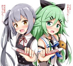 Rule 34 | 10s, 2girls, aikawa ryou, blush, breasts, brown eyes, green eyes, green hair, grey hair, hair ribbon, highres, kantai collection, kasumi (kancolle), long hair, looking at viewer, military, military uniform, multiple girls, open mouth, pregnancy test, ribbon, school uniform, side ponytail, small breasts, translation request, uniform, yamakaze (kancolle)