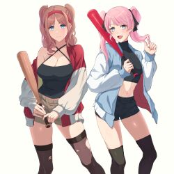 2girls absurdres alternate_hairstyle bang_dream! bang_dream!_it&#039;s_mygo!!!!! baseball_bat black_camisole black_ribbon black_shirt black_shorts black_thighhighs blue_eyes blue_jacket blush breasts brown_hair brown_shorts camisole chihaya_anon cleavage closed_mouth commentary criss-cross_straps crop_top english_commentary fang grey_eyes hair_ribbon hairband highres holding holding_baseball_bat jacket large_breasts long_hair medium_breasts midriff miyamu multicolored_jacket multiple_girls nagasaki_soyo navel open_clothes open_jacket open_mouth pink_hair red_hairband red_jacket ribbon shirt shorts simple_background single_off_shoulder skin_fang skindentation thighhighs torn_clothes torn_thighhighs turtleneck twintails twirling_hair two-tone_jacket two_side_up white_background white_jacket