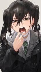 Rule 34 | &gt;:o, 1girl, absurdres, black hair, brown eyes, coat, collared shirt, commentary, finger in own mouth, green necktie, hair between eyes, highres, hood, hood down, hooded coat, idolmaster, idolmaster cinderella girls, long sleeves, looking at viewer, mask, modare, mouth mask, necktie, open mouth, school uniform, sharp teeth, shirt, solo, striped necktie, striped neckwear, sunazuka akira, teeth, twintails, upper body, v-shaped eyebrows, white shirt, wing collar
