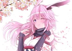 Rule 34 | 1girl, animal ears, bare shoulders, batta-1225, blush, branch, cherry blossoms, closed mouth, fox ears, hair between eyes, honkai (series), honkai impact 3rd, japanese clothes, looking at viewer, one eye closed, petals, pink hair, purple eyes, simple background, solo, white background, yae sakura, yae sakura (gyakushinn miko)