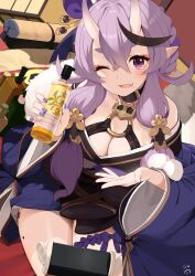 Rule 34 | 1girl, breasts, cleavage, eyeshadow, fang, highres, hikimayu, holding, horns, japanese clothes, kimono, large breasts, long hair, makeup, mole, mole on thigh, mole under mouth, nejime, nijisanji, one eye closed, orange eyeshadow, pointy ears, purple eyes, purple hair, purple kimono, purple nails, rindou mikoto, rindou mikoto (1st costume), skin-covered horns, skin fang, solo, virtual youtuber, wide sleeves