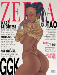 Rule 34 | 1girl, ass, back, bindi, bracelet, braid, breasts, brown eyes, carole &amp; tuesday, character name, commentary, contrapposto, cover, dark-skinned female, dark skin, dimples of venus, double bun, earrings, english text, eyeshadow, fake magazine cover, fingernails, fishnet top, fishnets, forehead, g-string, ggk, grey nails, hair bun, hoop earrings, jewelry, lipstick, long fingernails, looking back, magazine cover, makeup, medium breasts, nail polish, neck ring, no bra, panties, pinup (style), pointy ears, purple lips, red eyeshadow, short eyebrows, short hair, shrug (clothing), side braids, sideboob, silver nails, solo, thong, underwear, very dark skin, yellow panties, zefrableu