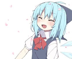 Rule 34 | 1girl, ahoge, blue hair, blue vest, blush, bow, cherry blossoms, cirno, closed mouth, commentary request, detached wings, fang, hair bow, ice, ice wings, kae karee, medium hair, open mouth, petals, pink background, short sleeves, simple background, skin fang, smile, solo, touhou, upper body, vest, wings