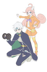 Rule 34 | 1boy, 1girl, ahoge, armored boots, belt, black cape, black gloves, black pants, blue eyes, blue hairband, boots, bow, brown belt, cape, dumbbell, earrings, exercising, eyelashes, fingernails, footwear bow, full body, gloves, grey hair, hairband, highres, jacket, jewelry, kashima miyako, long sleeves, neckerchief, open mouth, orange footwear, orange jacket, outstretched arm, pants, pink hair, purple bow, purple neckerchief, puyopuyo, puyopuyo fever, raffina (puyopuyo), schezo wegey, shirt, short hair, simple background, squatting, standing, striped clothes, striped thighhighs, sweatdrop, thighhighs, weightlifting, white background, white shirt, wing hair ornament