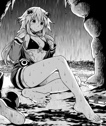 Rule 34 | 1girl, absurdres, adult neptune, bare legs, bare shoulders, barefoot, bikini, black choker, blush, boots, unworn boots, breasts, choker, d-pad, d-pad hair ornament, eudetenis, feet, frown, full body, greyscale, hair ornament, highres, hood, hooded jacket, huge filesize, jacket, knee up, legs, long hair, medium breasts, monochrome, neptune (series), off shoulder, open clothes, open jacket, rain, shin jigen game neptune vii, shoes, unworn shoes, sitting, solo, swimsuit, thighs, undressing, usb, very long hair, wet, wet clothes