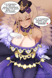 Rule 34 | 1girl, alternate breast size, black hat, breasts, cleavage, cslucaris, dress, english text, fire emblem, fire emblem: three houses, fire emblem heroes, fur trim, gloves, hair ornament, hat, highres, large breasts, long hair, looking at viewer, lysithea von ordelia, naughty face, nintendo, open mouth, pink eyes, sitting, solo, watermark, web address, white gloves, white hair