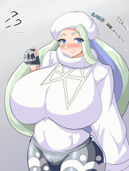 Rule 34 | 1girl, blue eyes, blue hair, blush, breasts, closed mouth, creatures (company), eyes visible through hair, fingerless gloves, game freak, gloves, grey background, hat, highres, huge breasts, leggings, long hair, looking at viewer, mature female, melony (pokemon), multicolored hair, namae ga kimaranai man, nintendo, partially fingerless gloves, pokemon, pokemon swsh, silver hair, simple background, solo, sweat, turtleneck, two-tone hair, white hat
