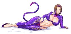 Rule 34 | 1girl, breasts, catsuit, cleavage, devil-v, highleg, highres, huge breasts, lying, nail polish, on side, original, tail, toned