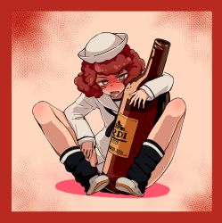 Rule 34 | 10s, 1girl, absurdres, aomushi (mushamusha), beer bottle, black neckerchief, black socks, blouse, blush, commentary request, curly hair, dixie cup hat, drunk, full-face blush, full body, girls und panzer, hat, highres, holding, long sleeves, looking at viewer, military hat, miniskirt, name connection, neckerchief, object namesake, ooarai naval school uniform, open mouth, oversized object, pleated skirt, print socks, red eyes, red hair, red neckerchief, rum (girls und panzer), sailor, sailor collar, saliva, school uniform, shirt, shoes, short hair, sitting, skirt, socks, solo, sweat, white footwear, white hat, white shirt, white skirt